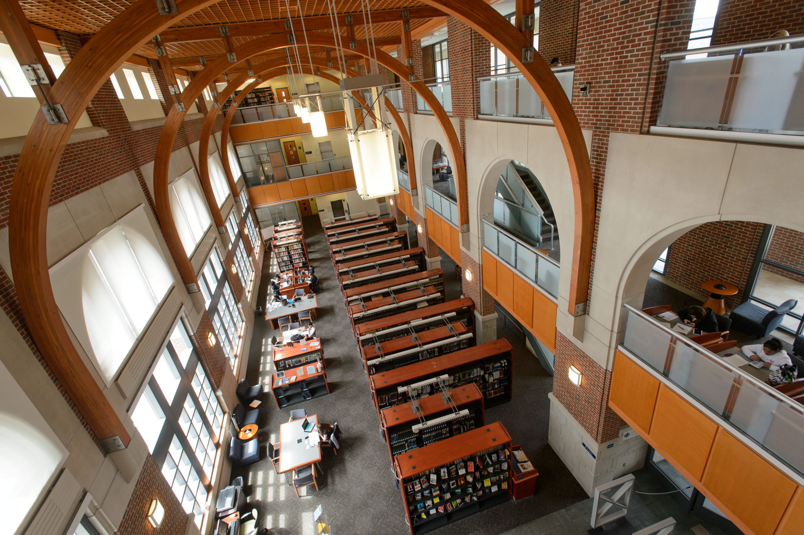 Waterbury Campus Library view through the decorative arches in the ceiling 
